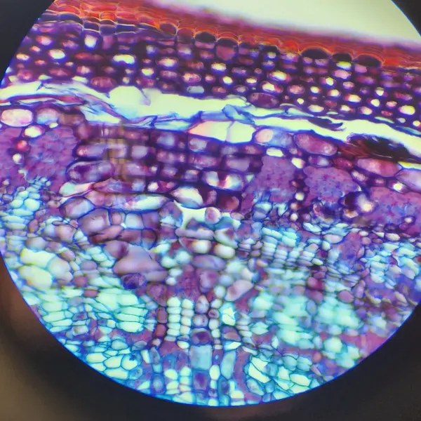 Basswood stem at higher magnification, individual violet and blue cells visible.