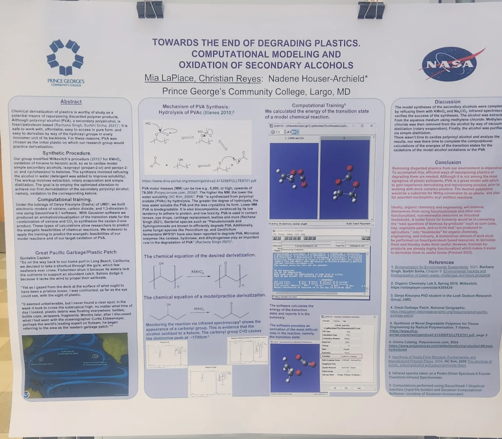 Research poster: Towards the End of Degrading Plastics, Computational Modeling and Oxidation of Secondary Alcohols, by Mia LaPlace and Christian Reyes, with Nadene Houser-Archield, Prince George's Community College.